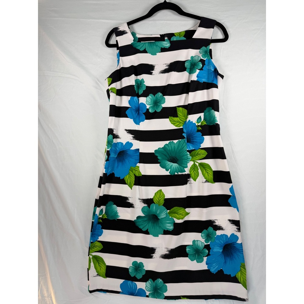 Floral Striped Sheath Dress Blue Teal Green Black‎ White Knee Length flaw sz 10